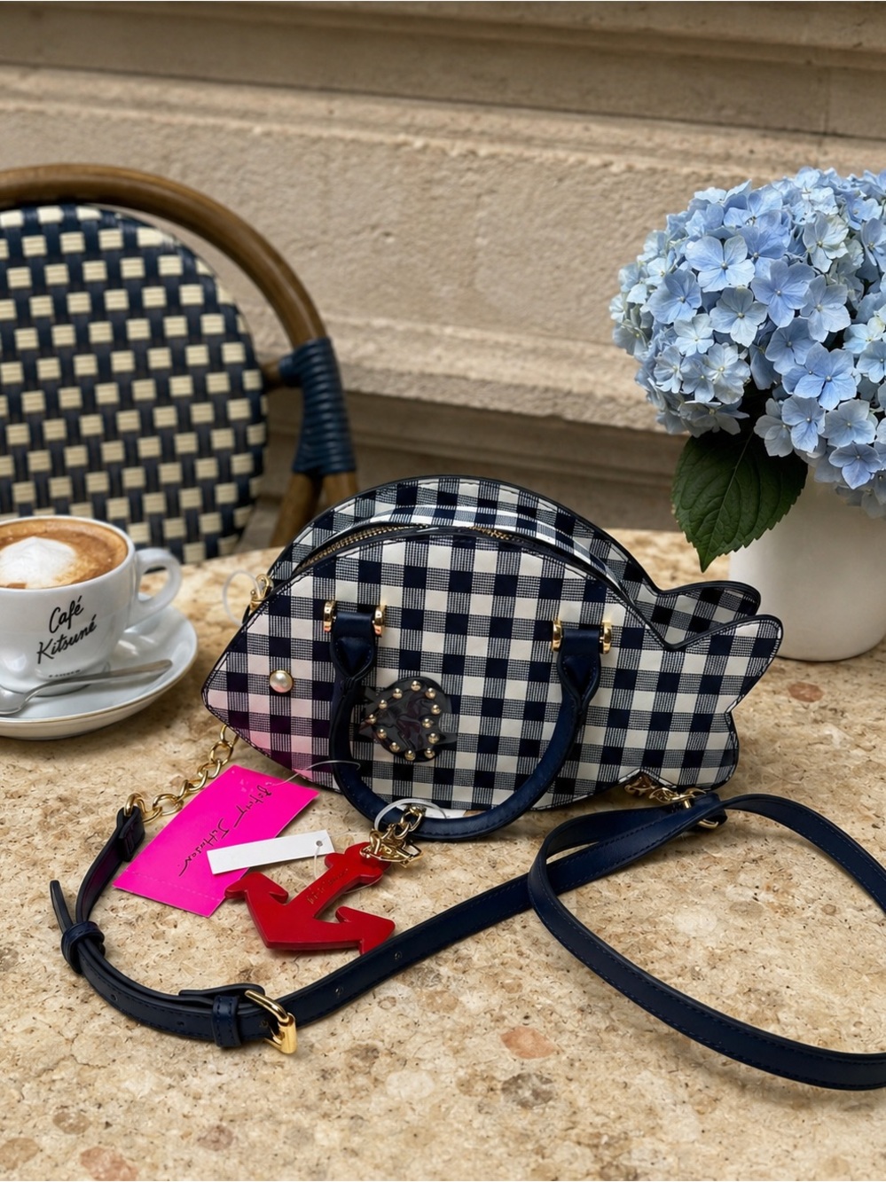 Betsey Johnson NWT Fish Novelty Crossbody Purse Navy Gingham Bag